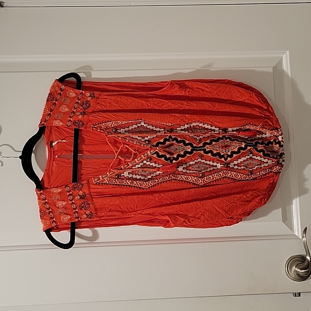 Free People Boho Sleeveless Top Orange Embroidered Lace Up Size SP